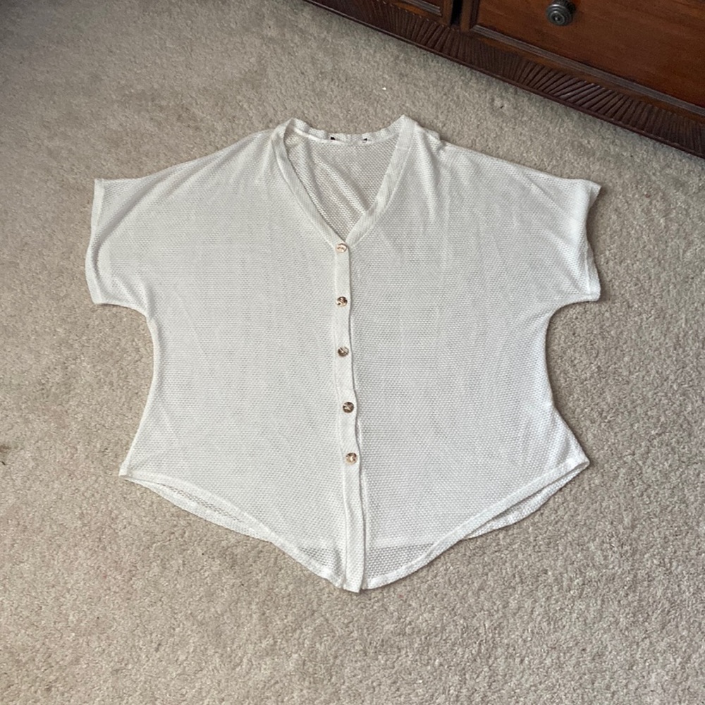 White knit blouse, button down, large